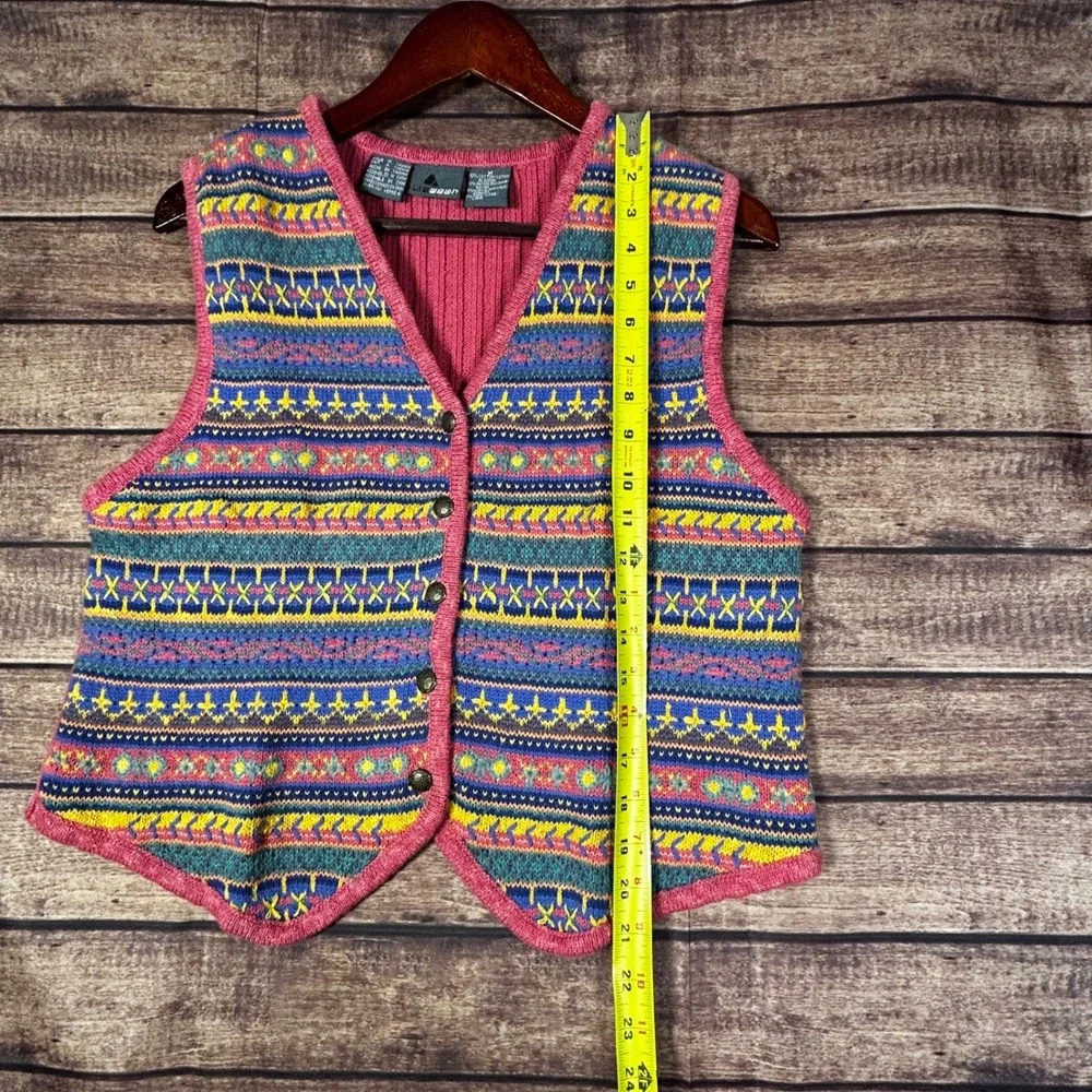 Vtg Lizwear Liz Claireborn Fair Isle Sweater Vest Pink Button Cottage Granny M - Picture 7 of 7